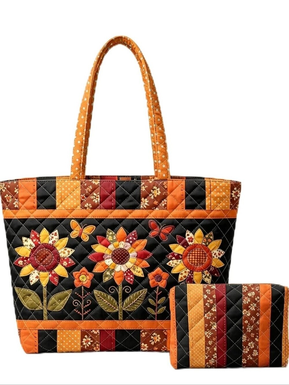 Quilted Sunflower Patchwork Tote Bag in Black and Orange